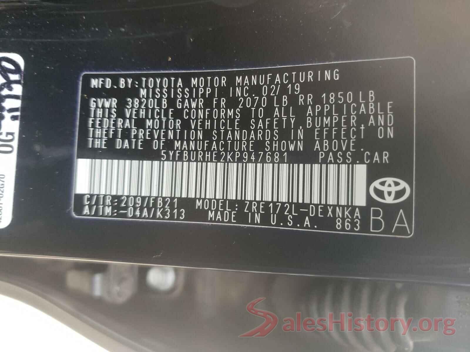 5YFBURHE2KP947681 2019 TOYOTA COROLLA