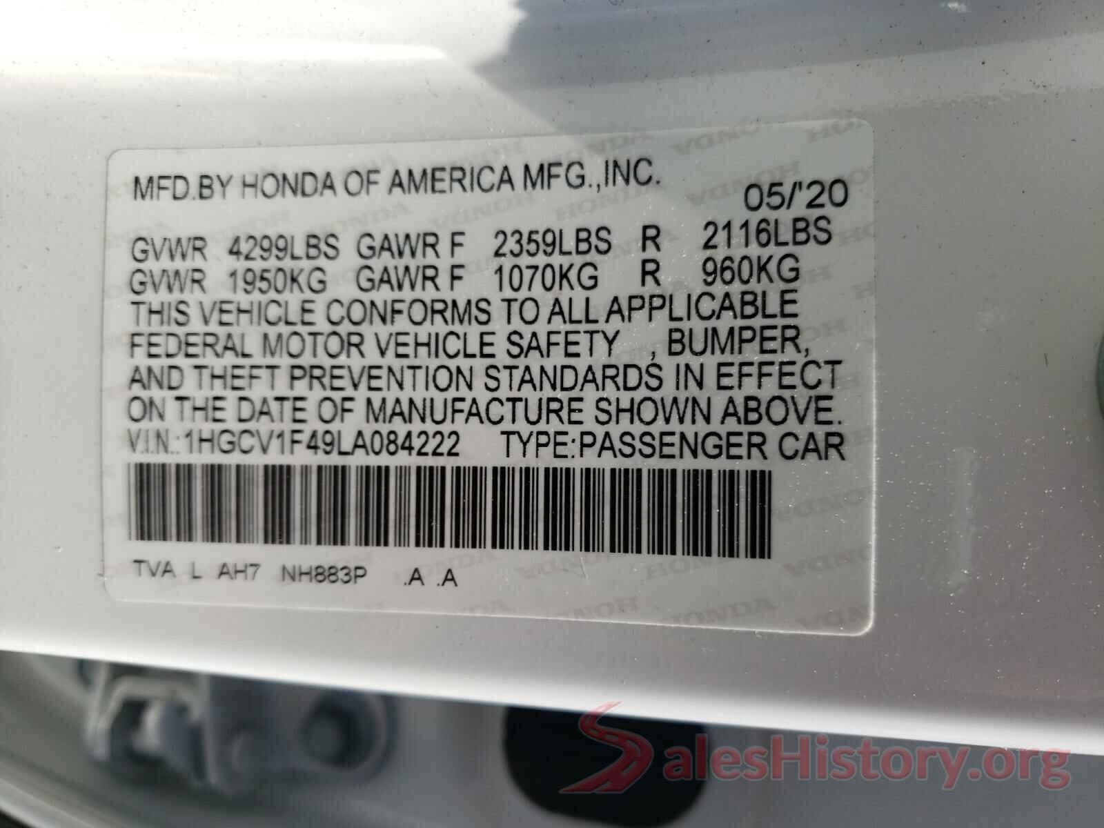 1HGCV1F49LA084222 2020 HONDA ACCORD