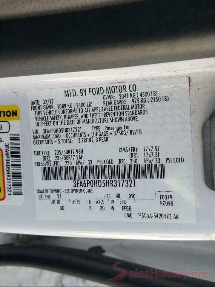 3FA6P0HD5HR317321 2017 FORD FUSION