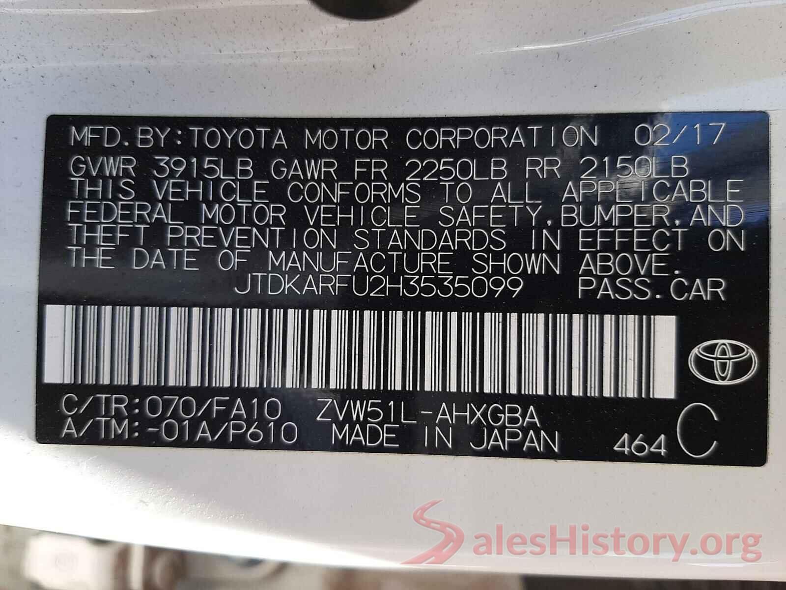 JTDKARFU2H3535099 2017 TOYOTA PRIUS