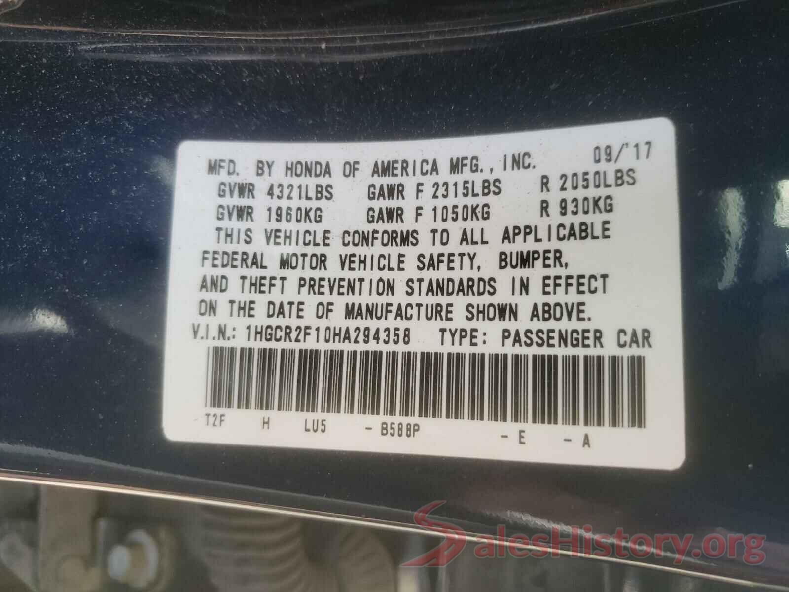 1HGCR2F10HA294358 2017 HONDA ACCORD