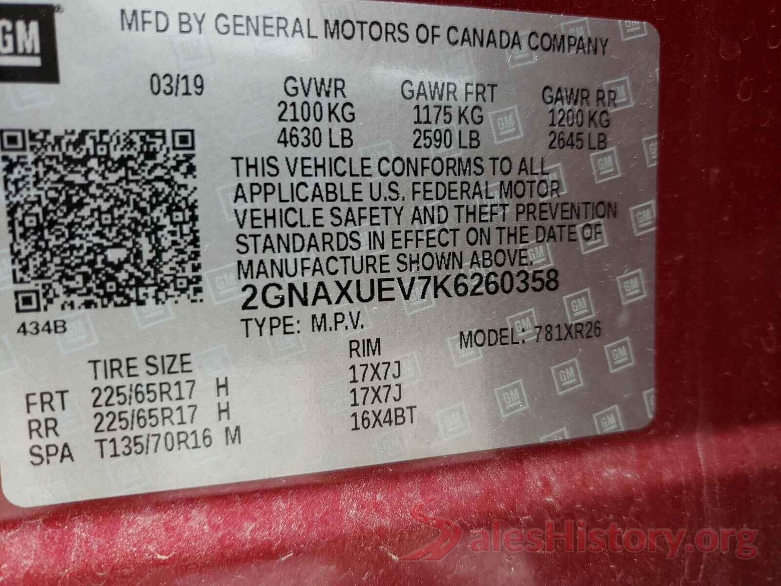 2GNAXUEV7K6260358 2019 CHEVROLET EQUINOX