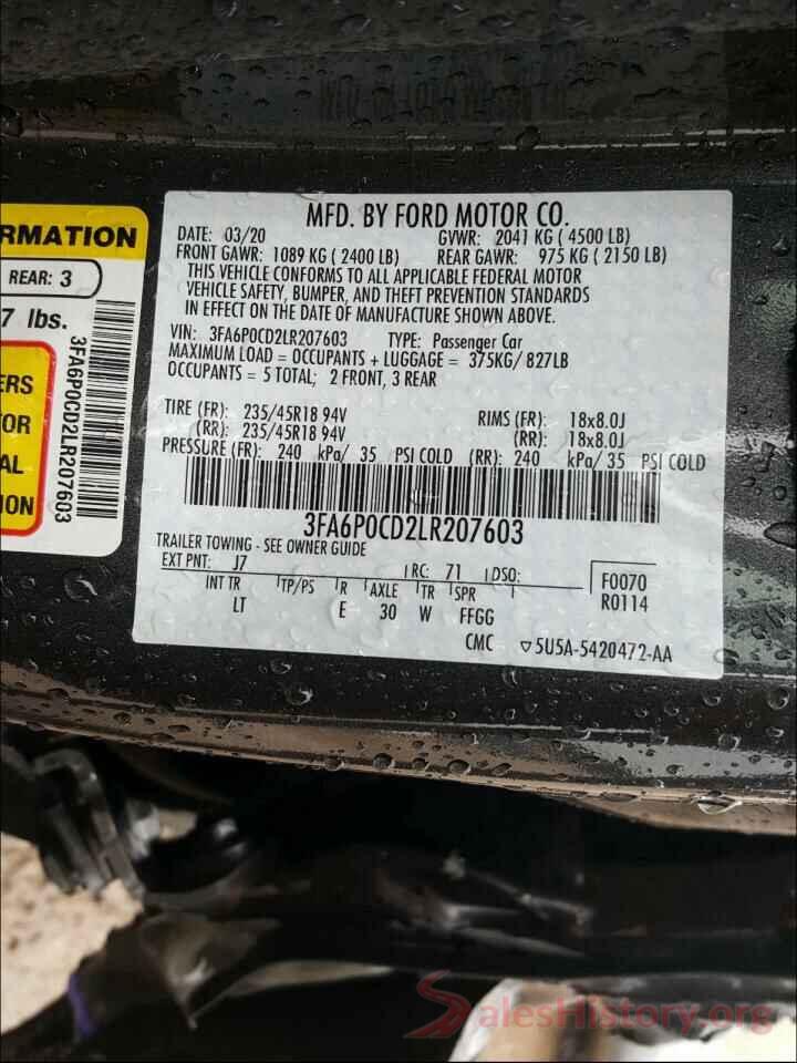 3FA6P0CD2LR207603 2020 FORD FUSION