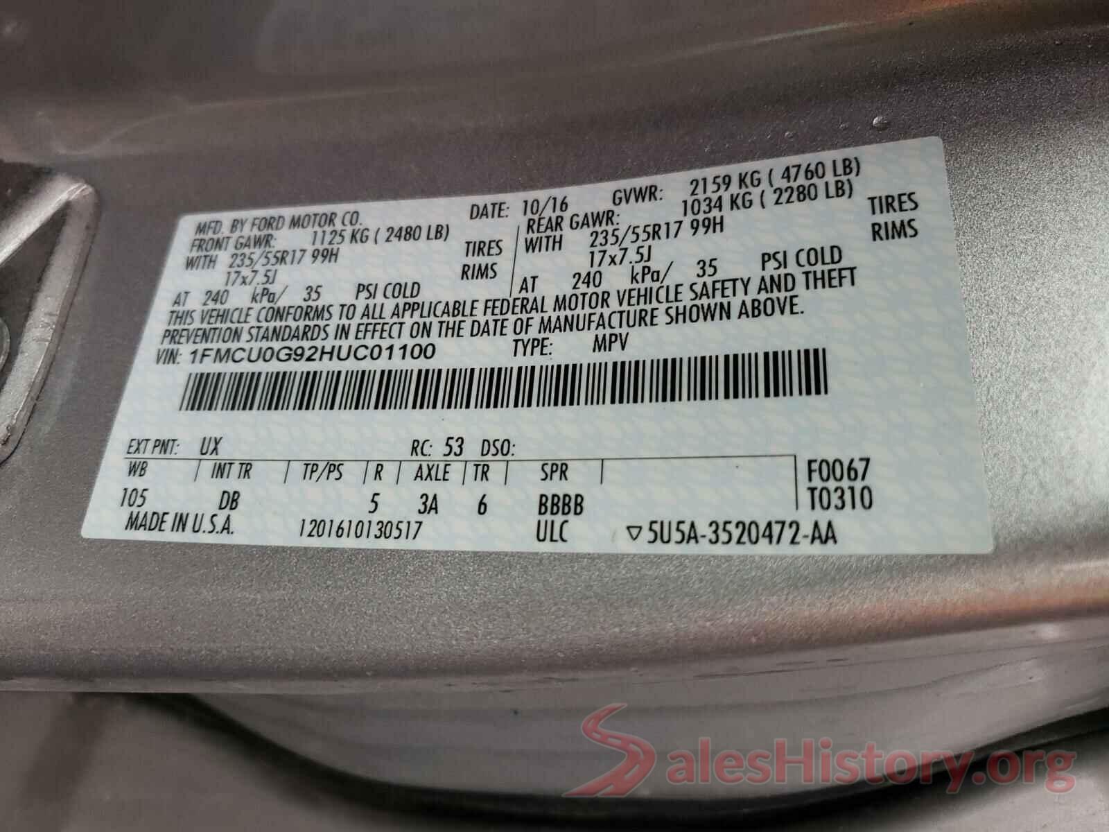 1FMCU0G92HUC01100 2017 FORD ESCAPE