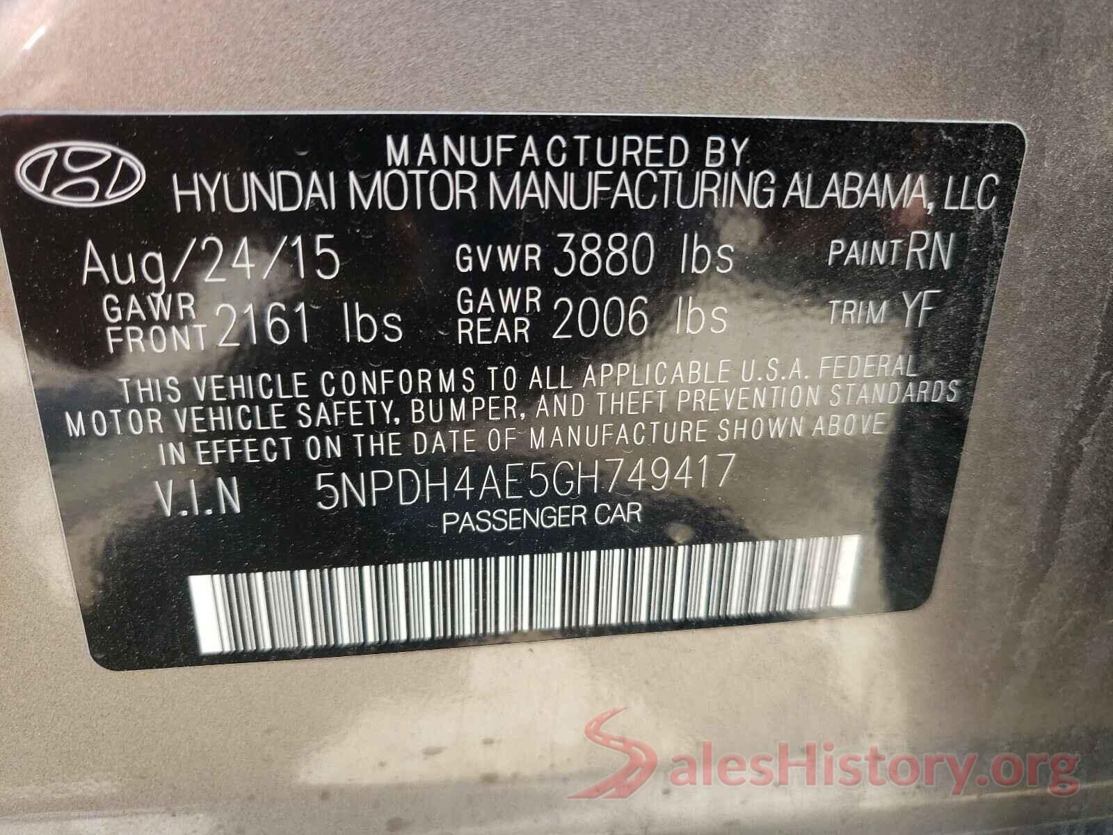 5NPDH4AE5GH749417 2016 HYUNDAI ELANTRA