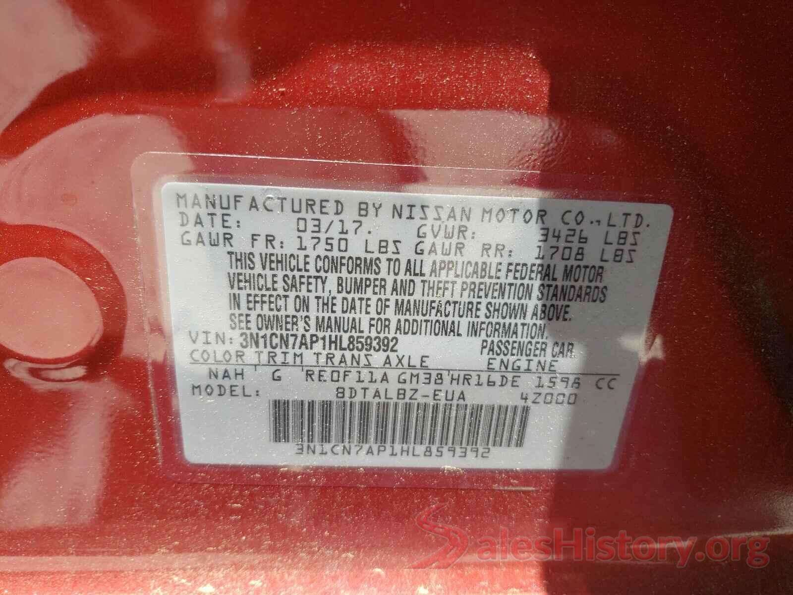 3N1CN7AP1HL859392 2017 NISSAN VERSA