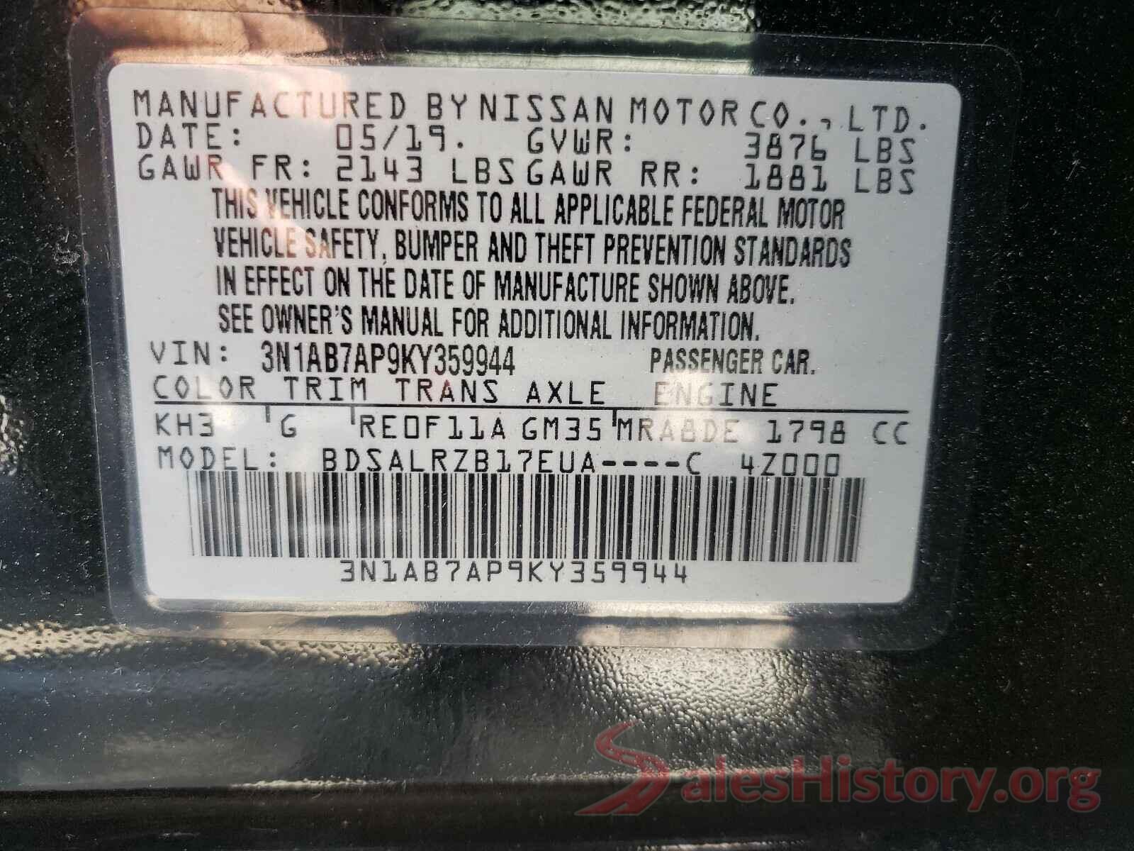 3N1AB7AP9KY359944 2019 NISSAN SENTRA