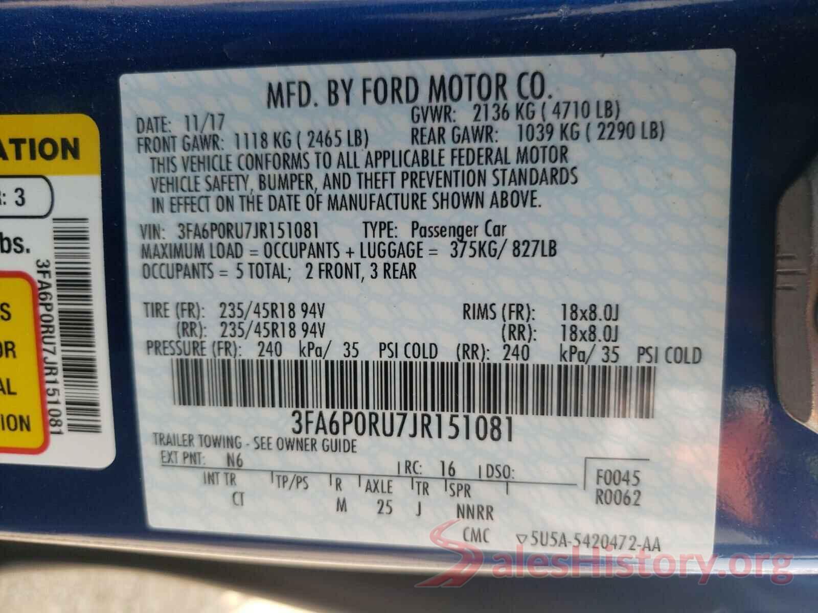 3FA6P0RU7JR151081 2018 FORD FUSION