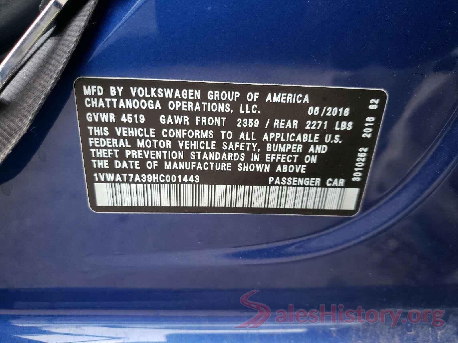 1VWAT7A39HC001443 2017 VOLKSWAGEN PASSAT