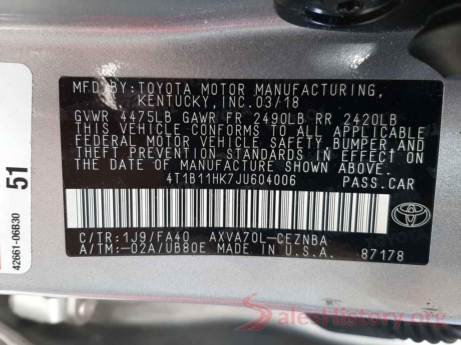 4T1B11HK7JU604006 2018 TOYOTA CAMRY