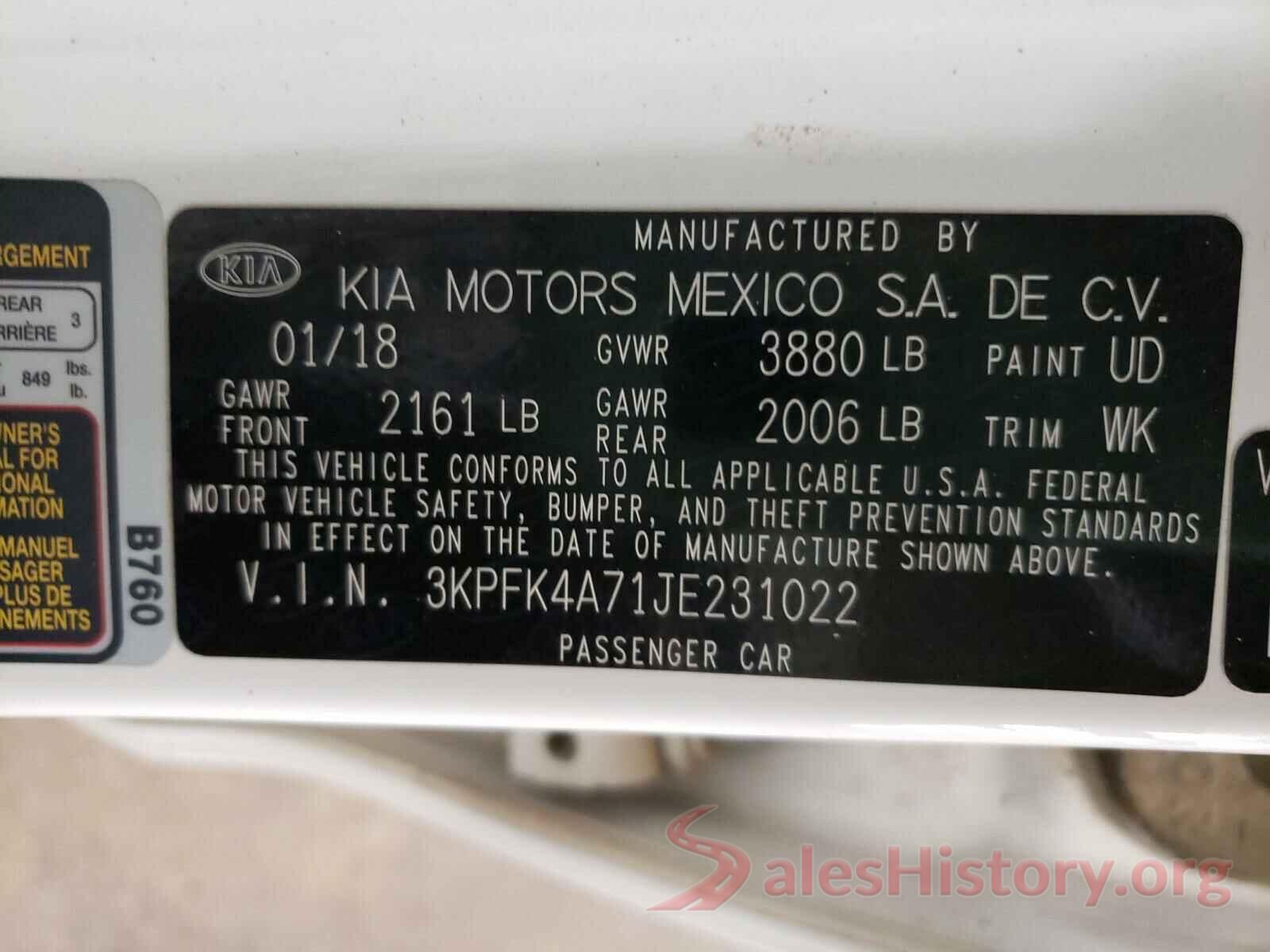 3KPFK4A71JE231022 2018 KIA FORTE