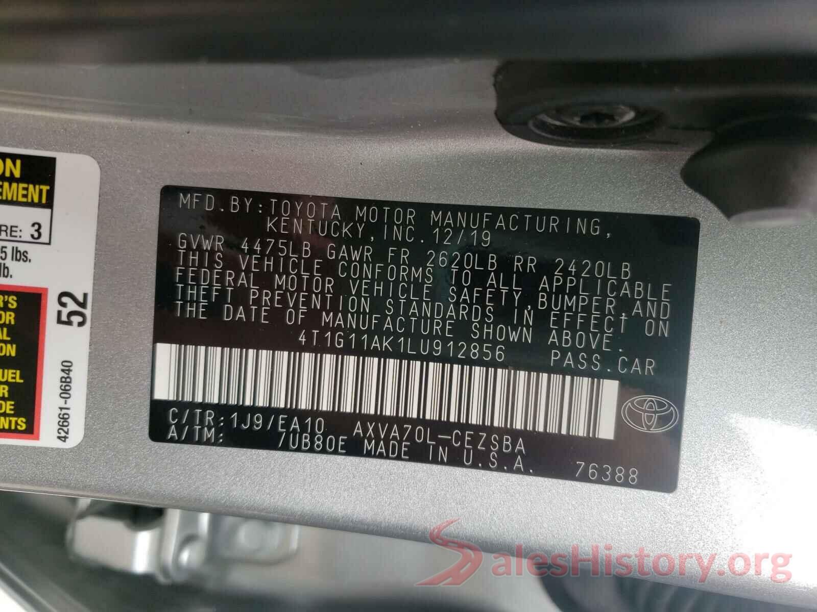 4T1G11AK1LU912856 2020 TOYOTA CAMRY