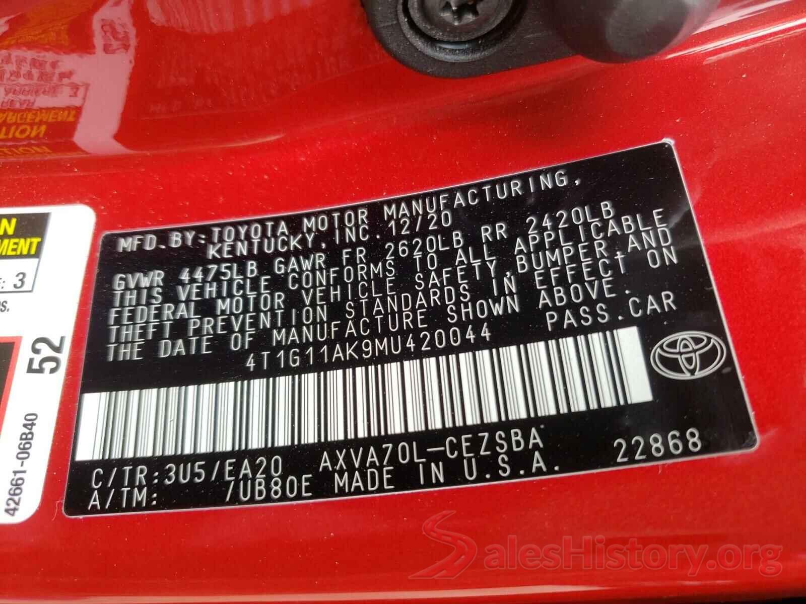 4T1G11AK9MU420044 2021 TOYOTA CAMRY