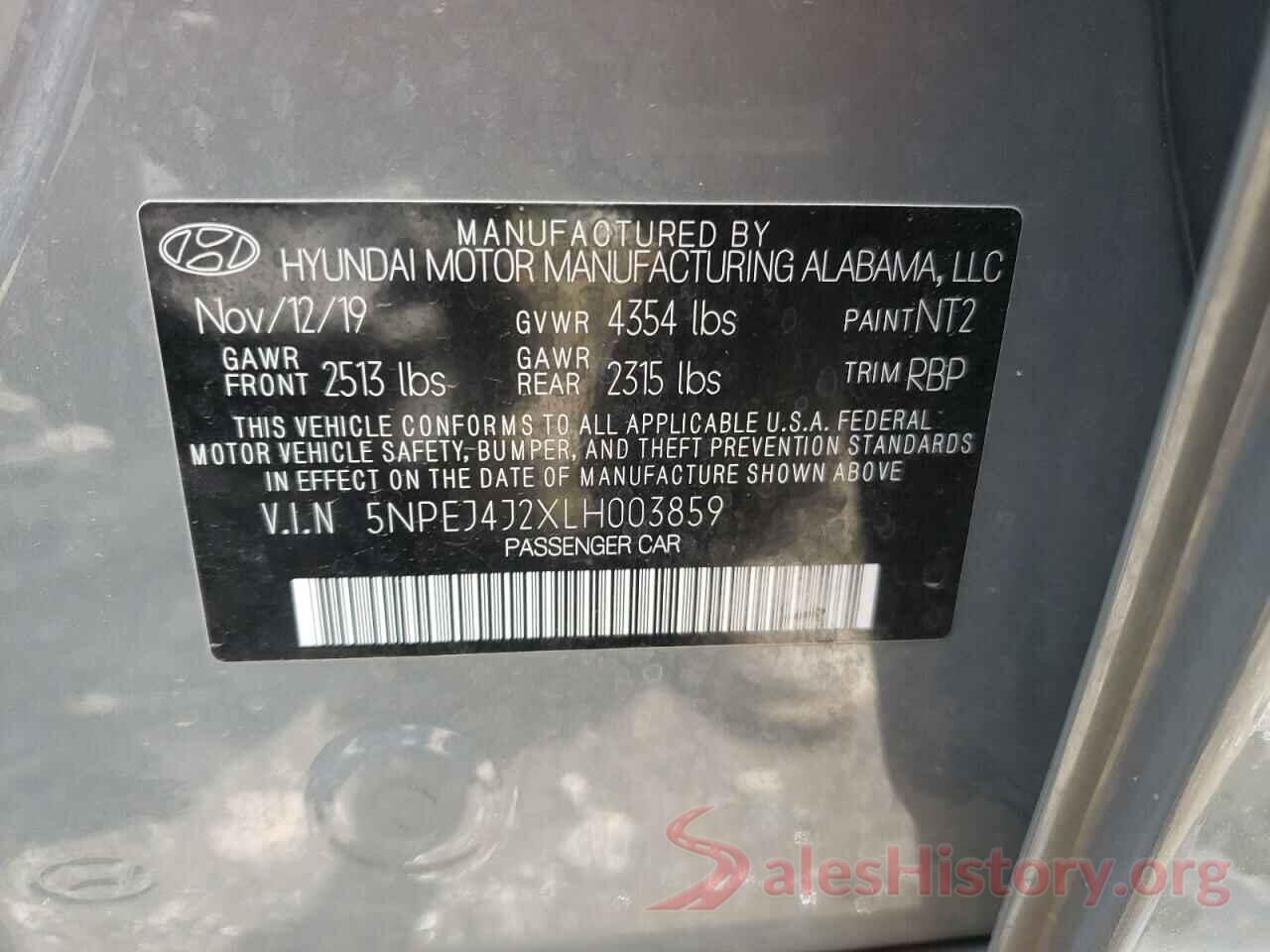 5NPEJ4J2XLH003859 2020 HYUNDAI SONATA