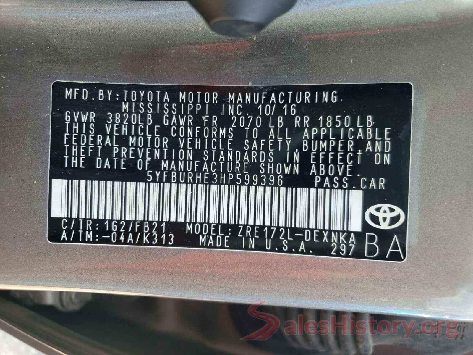 5YFBURHE3HP599396 2017 TOYOTA COROLLA