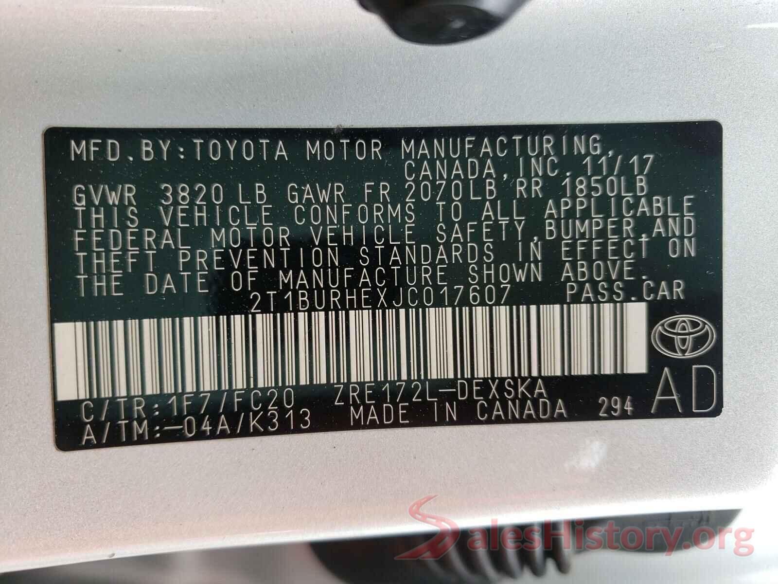 2T1BURHEXJC017607 2018 TOYOTA COROLLA