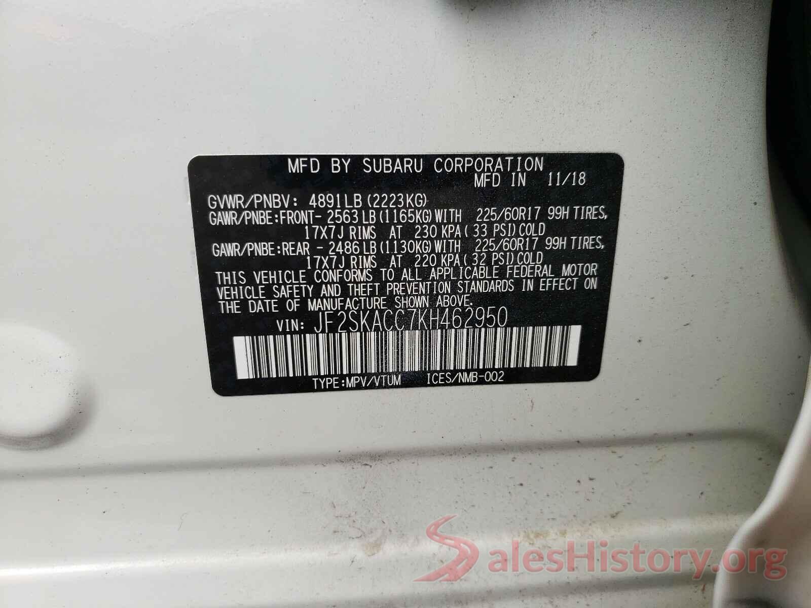 JF2SKACC7KH462950 2019 SUBARU FORESTER