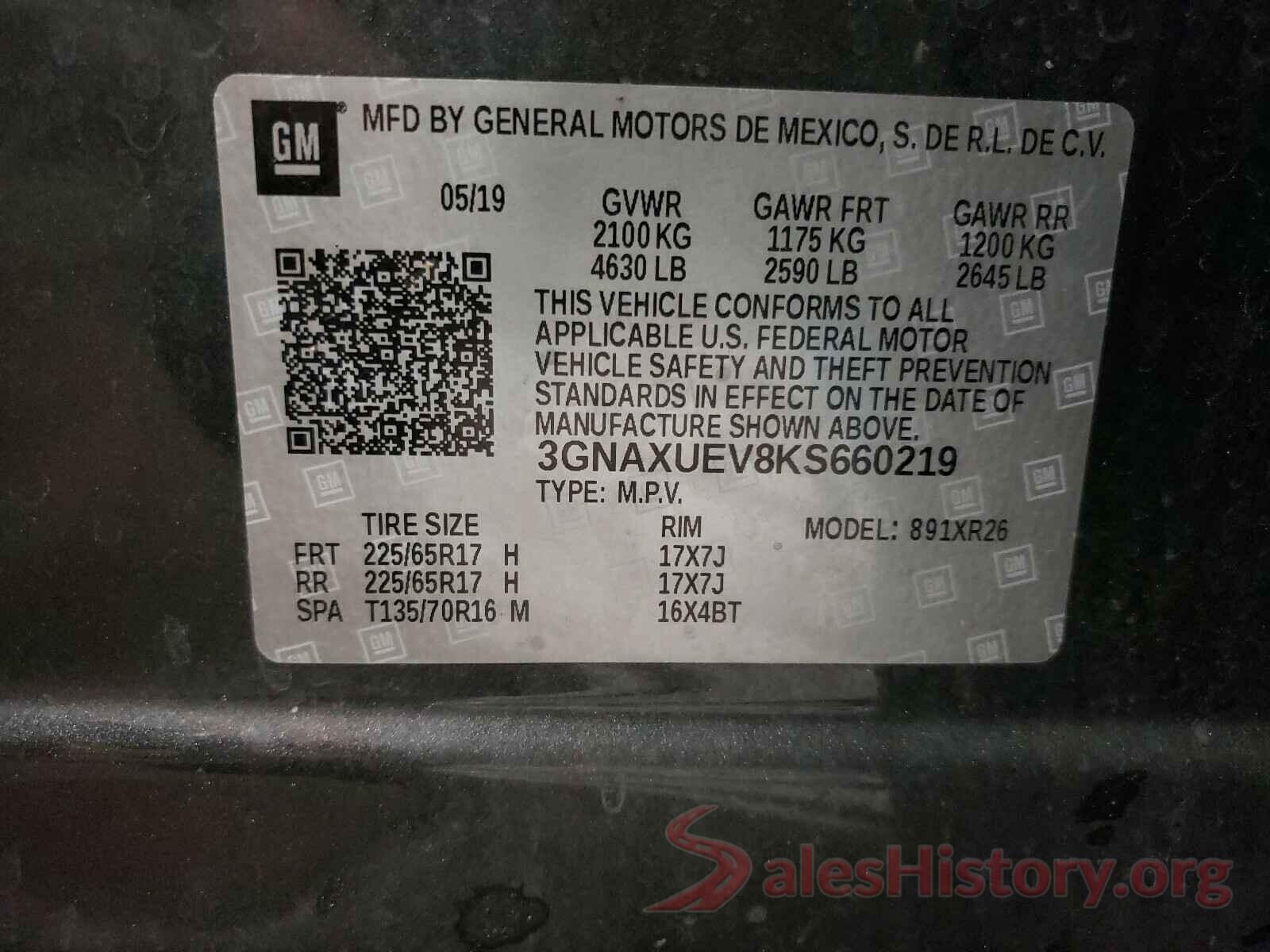 3GNAXUEV8KS660219 2019 CHEVROLET EQUINOX