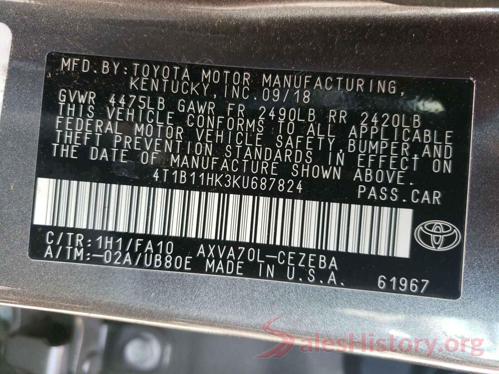 4T1B11HK3KU687824 2019 TOYOTA CAMRY