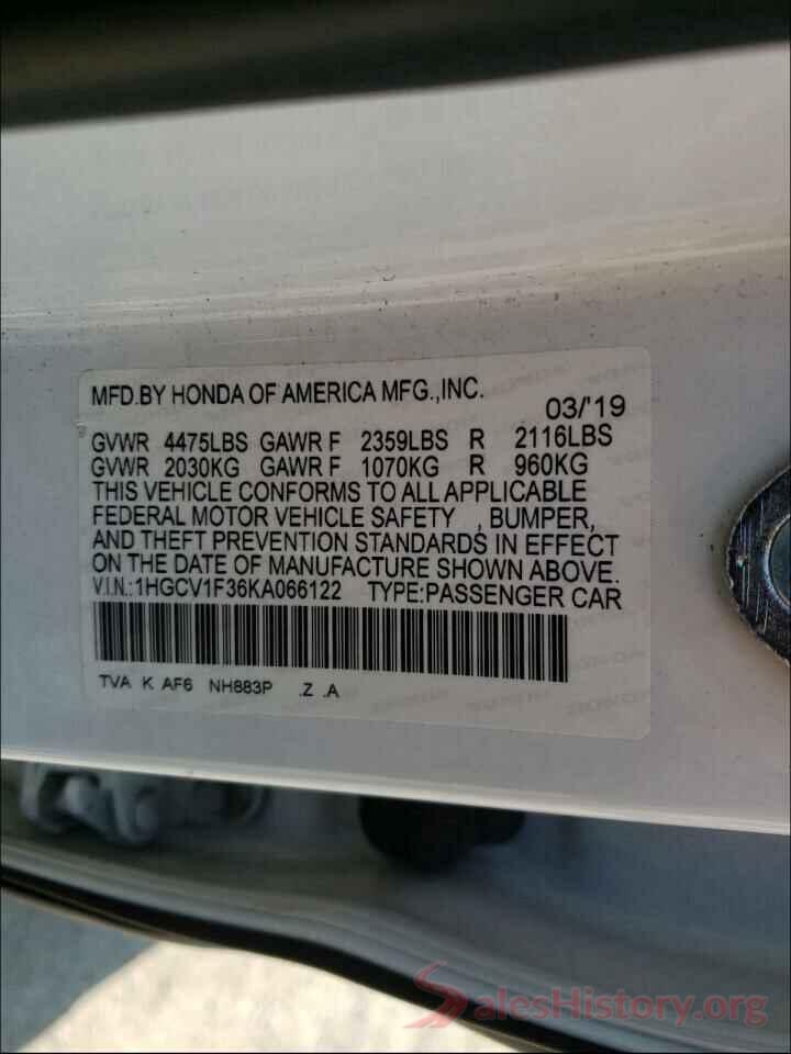 1HGCV1F36KA066122 2019 HONDA ACCORD