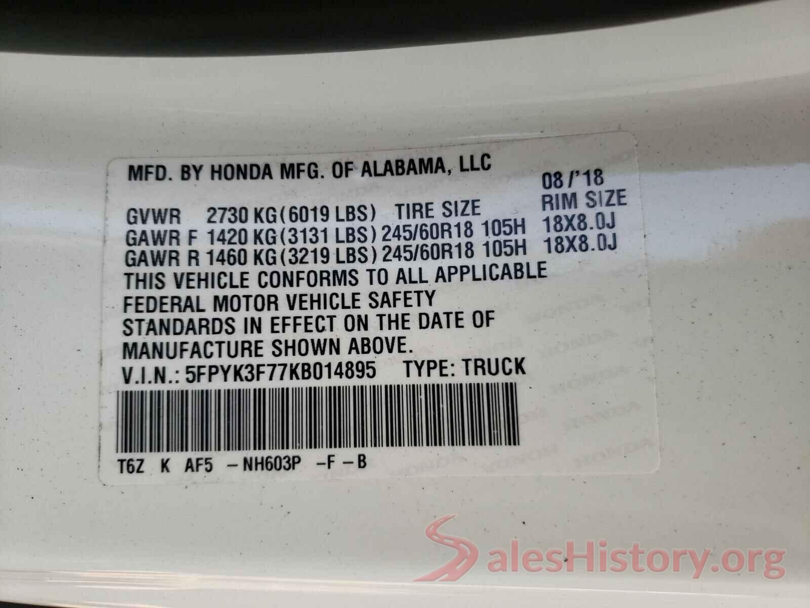 5FPYK3F77KB014895 2019 HONDA RIDGELINE