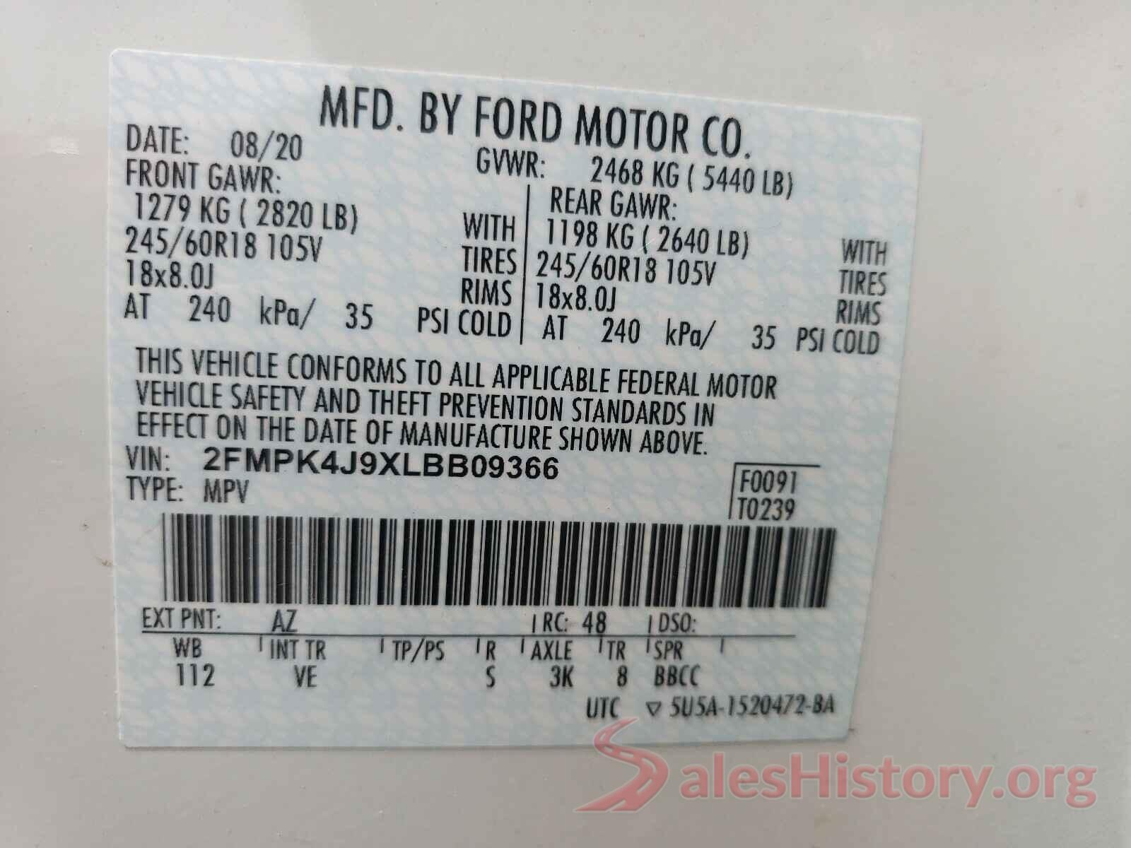 2FMPK4J9XLBB09366 2020 FORD EDGE