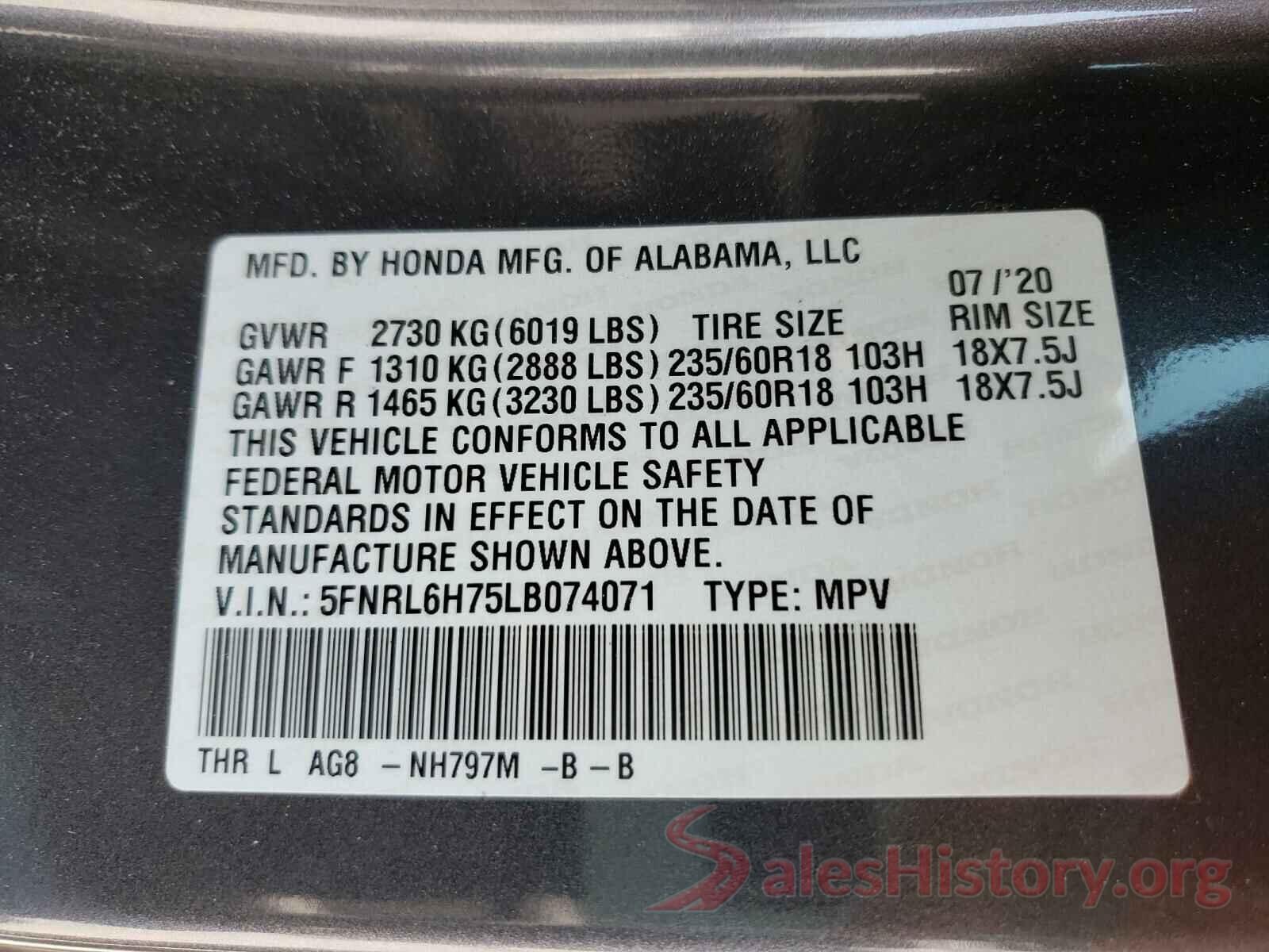 5FNRL6H75LB074071 2020 HONDA ODYSSEY