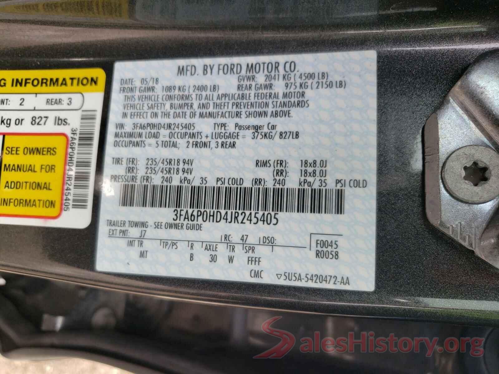 3FA6P0HD4JR245405 2018 FORD FUSION