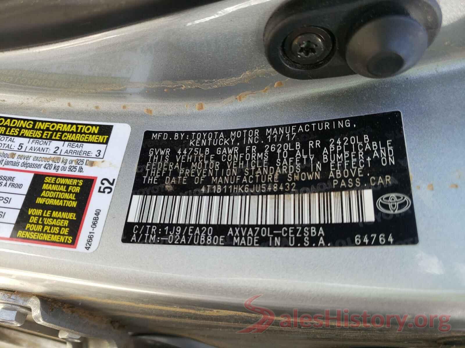 4T1B11HK6JU548432 2018 TOYOTA CAMRY