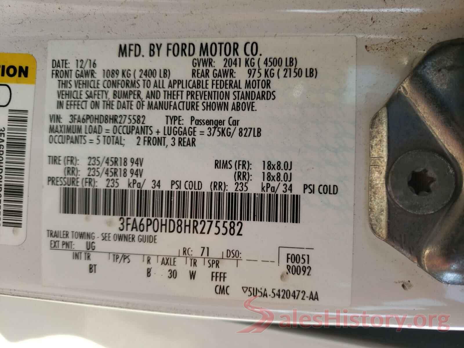 3FA6P0HD8HR275582 2017 FORD FUSION