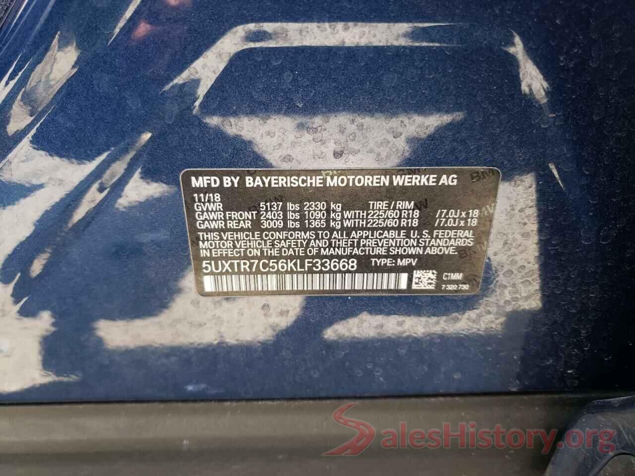 5UXTR7C56KLF33668 2019 BMW X3