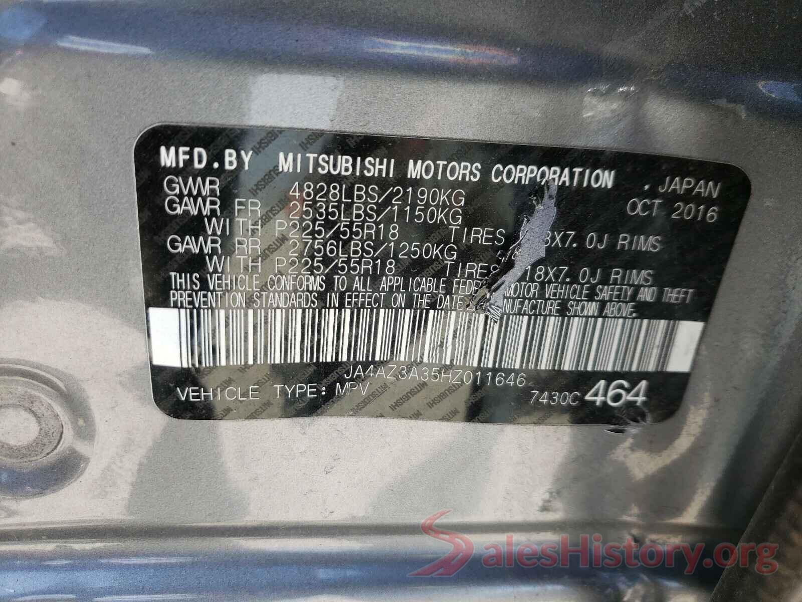 JA4AZ3A35HZ011646 2017 MITSUBISHI OUTLANDER