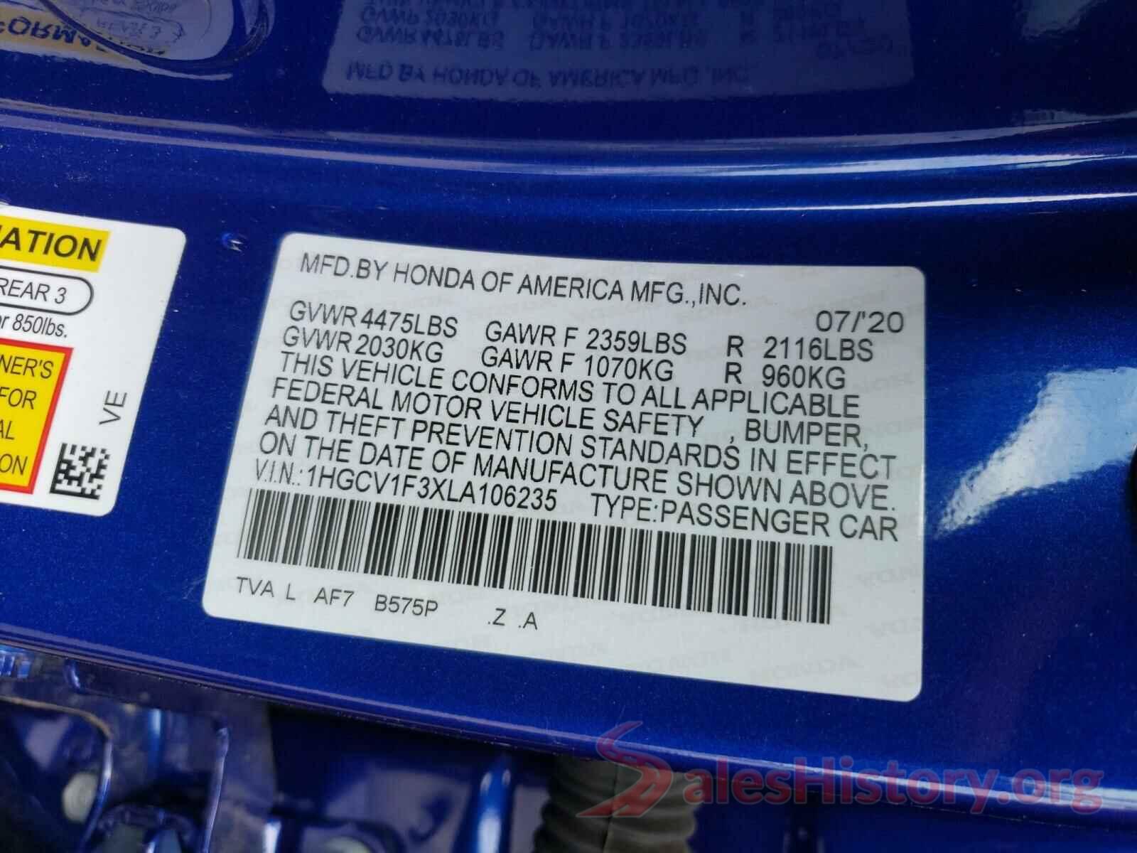 1HGCV1F3XLA106235 2020 HONDA ACCORD