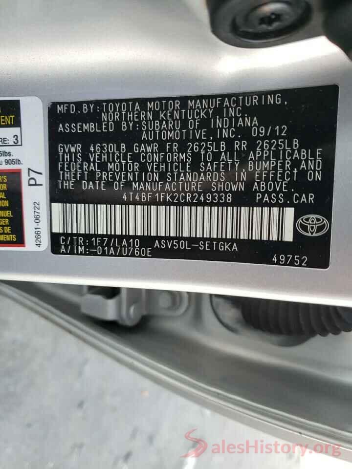 4T4BF1FK2CR249338 2012 TOYOTA CAMRY