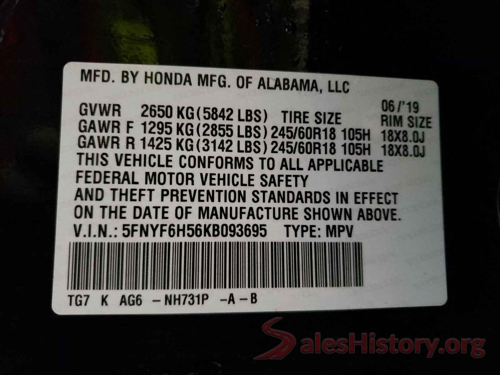 5FNYF6H56KB093695 2019 HONDA PILOT