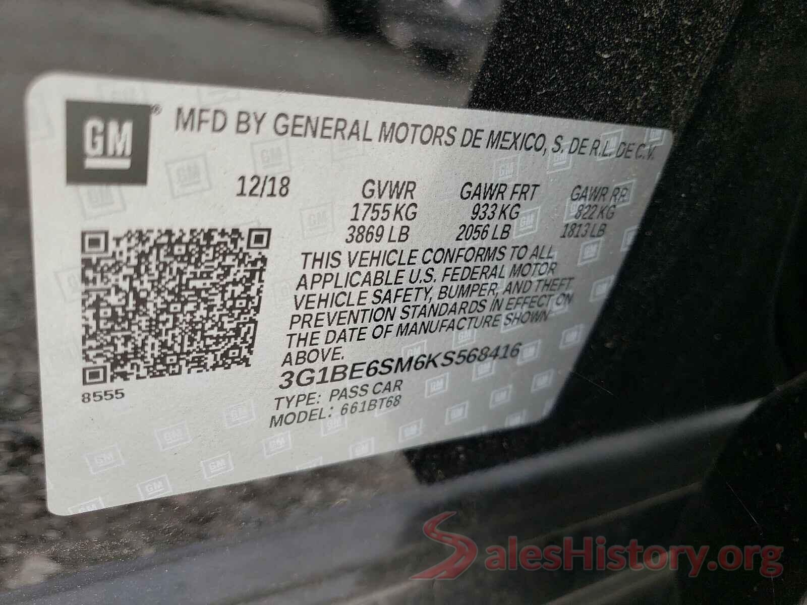 3G1BE6SM6KS568416 2019 CHEVROLET CRUZE