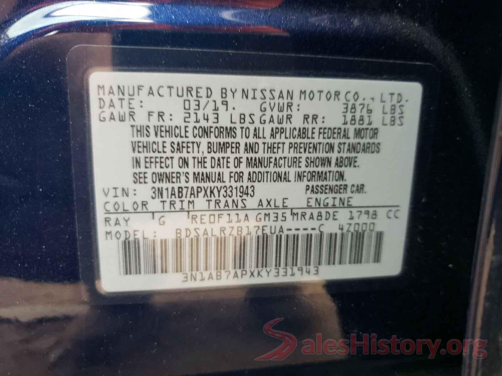 3N1AB7APXKY331943 2019 NISSAN SENTRA