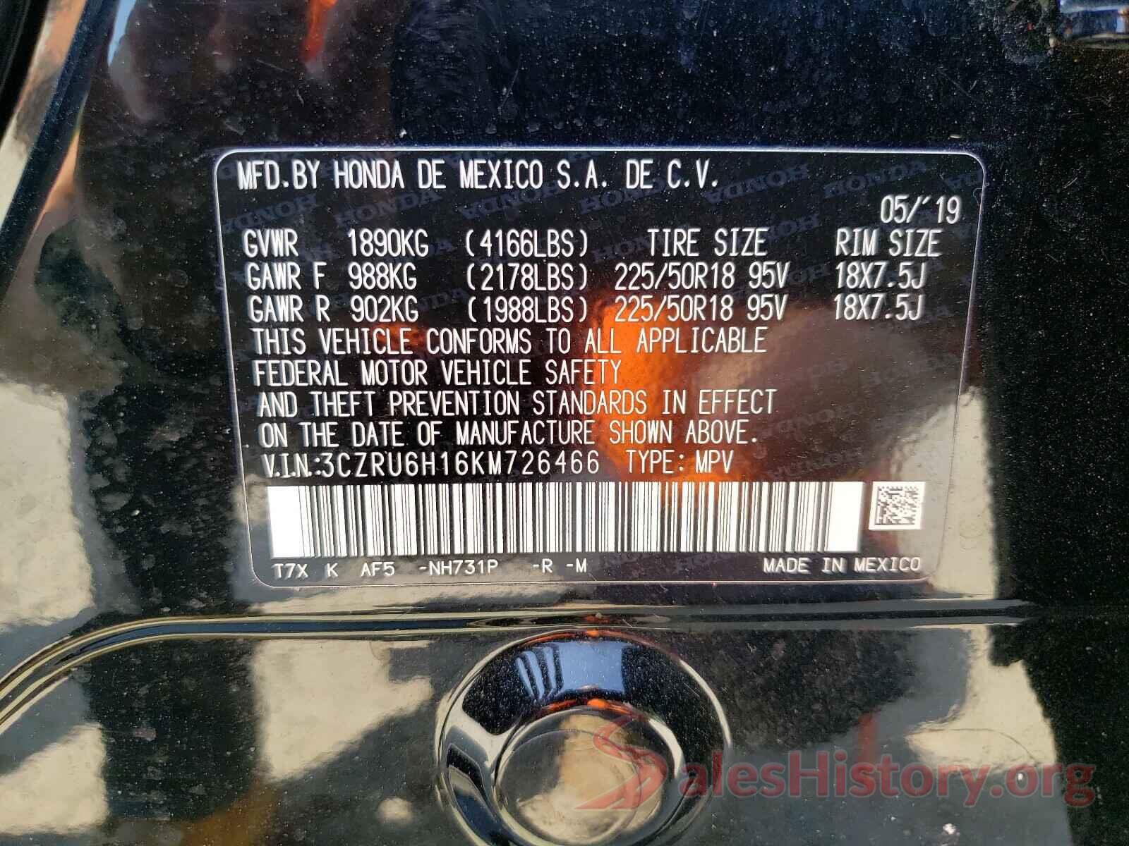 3CZRU6H16KM726466 2019 HONDA HR-V