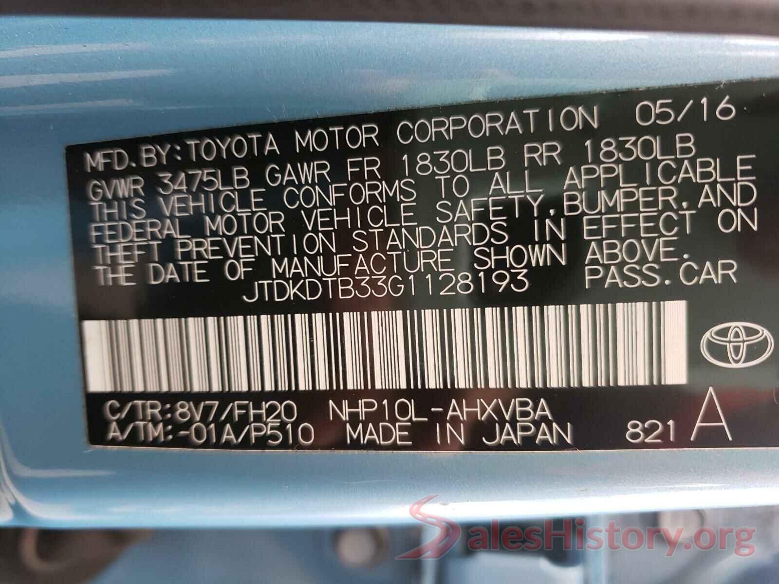 JTDKDTB33G1128193 2016 TOYOTA PRIUS