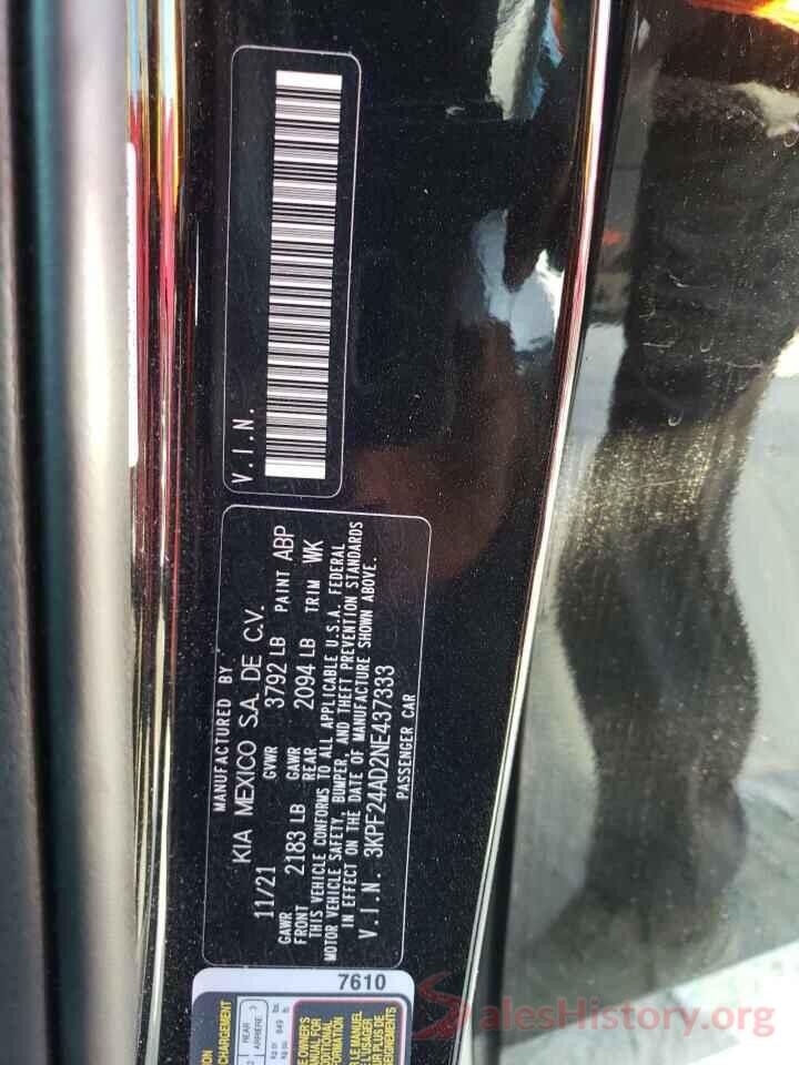 3KPF24AD2NE437333 2022 KIA FORTE