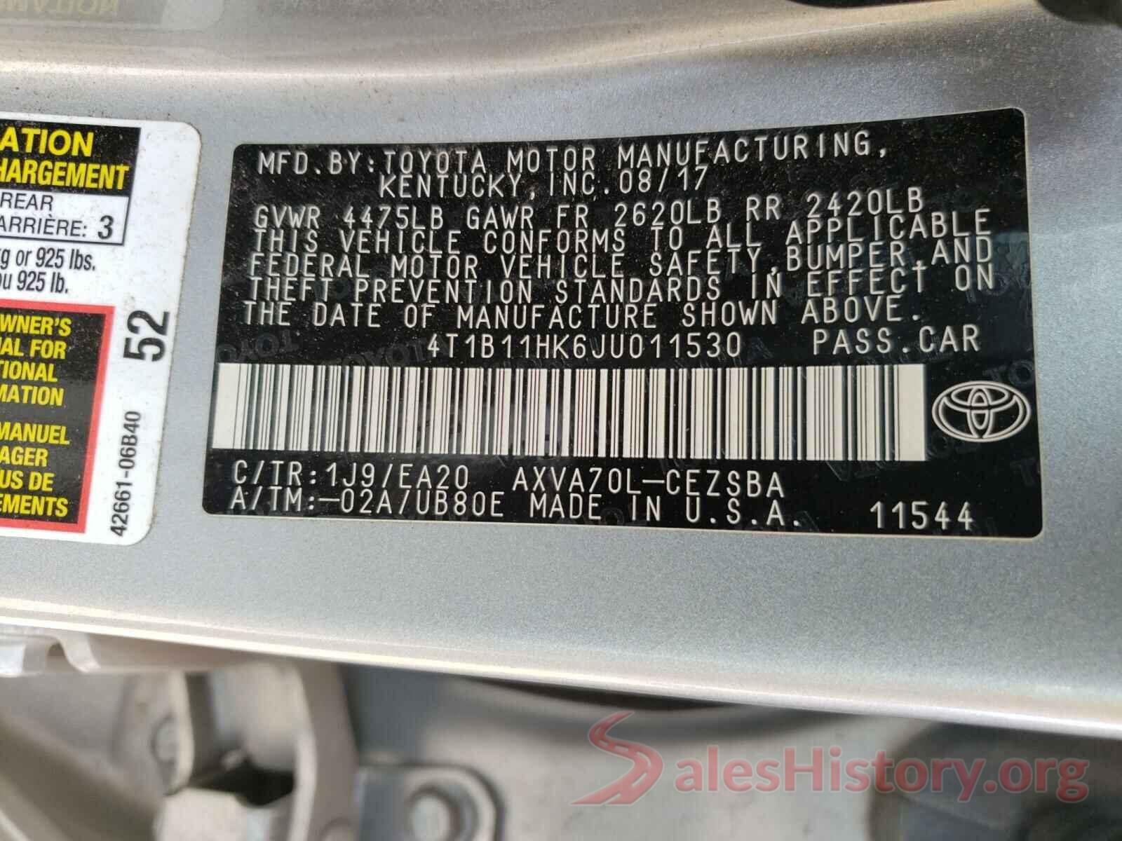 4T1B11HK6JU011530 2018 TOYOTA CAMRY