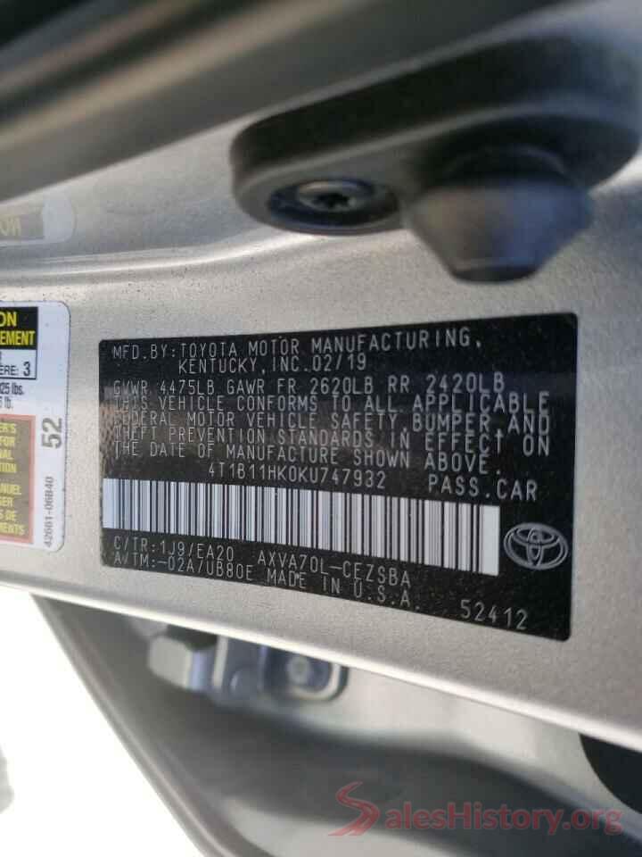 4T1B11HK0KU747932 2019 TOYOTA CAMRY