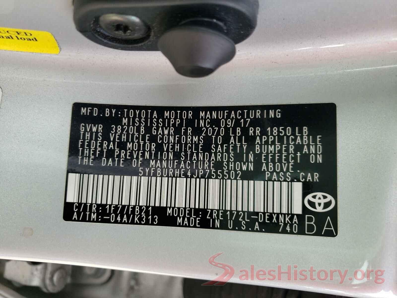 5YFBURHE4JP755502 2018 TOYOTA COROLLA