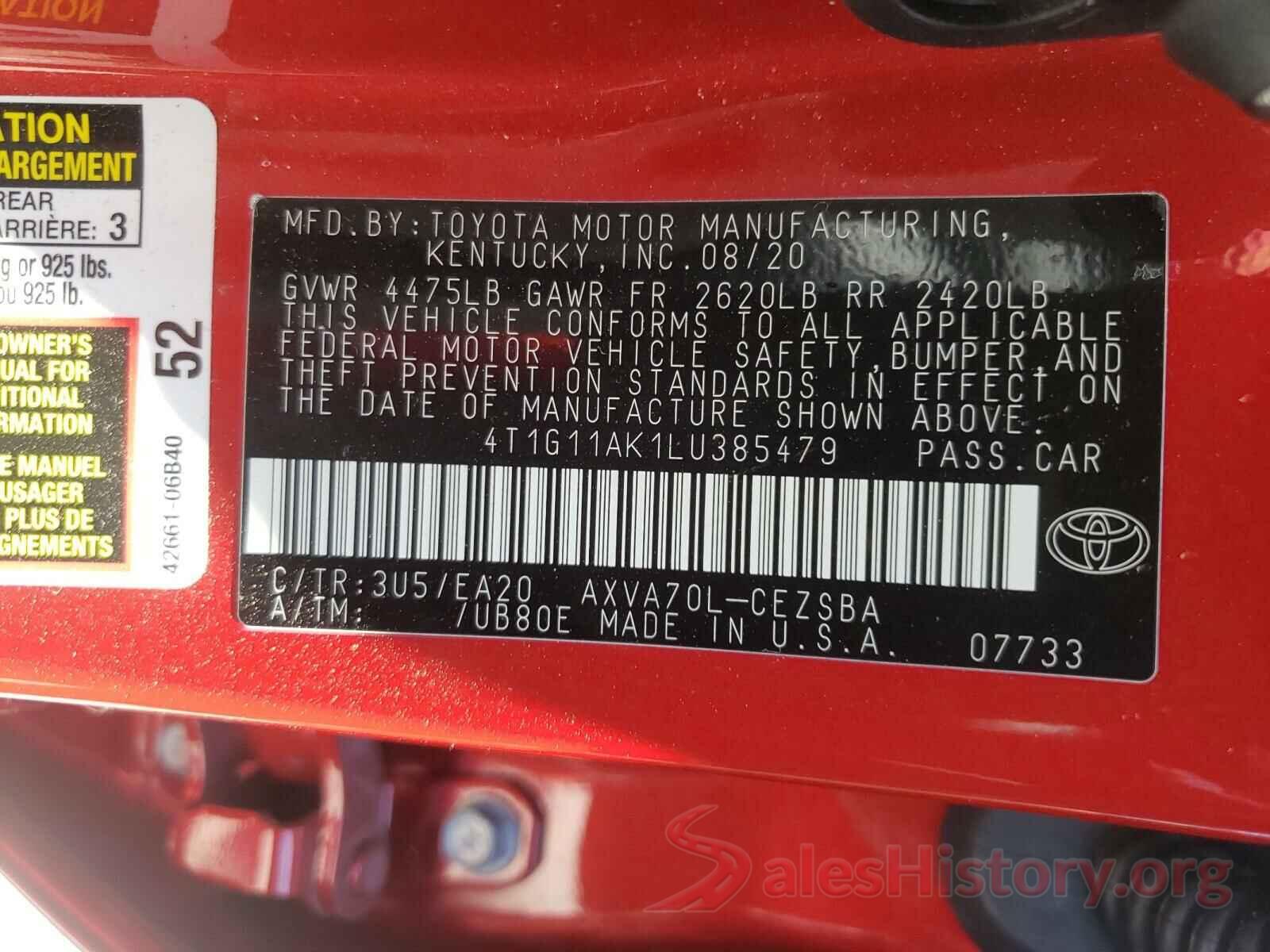 4T1G11AK1LU385479 2020 TOYOTA CAMRY