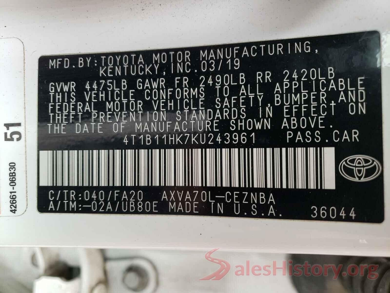 4T1B11HK7KU243961 2019 TOYOTA CAMRY