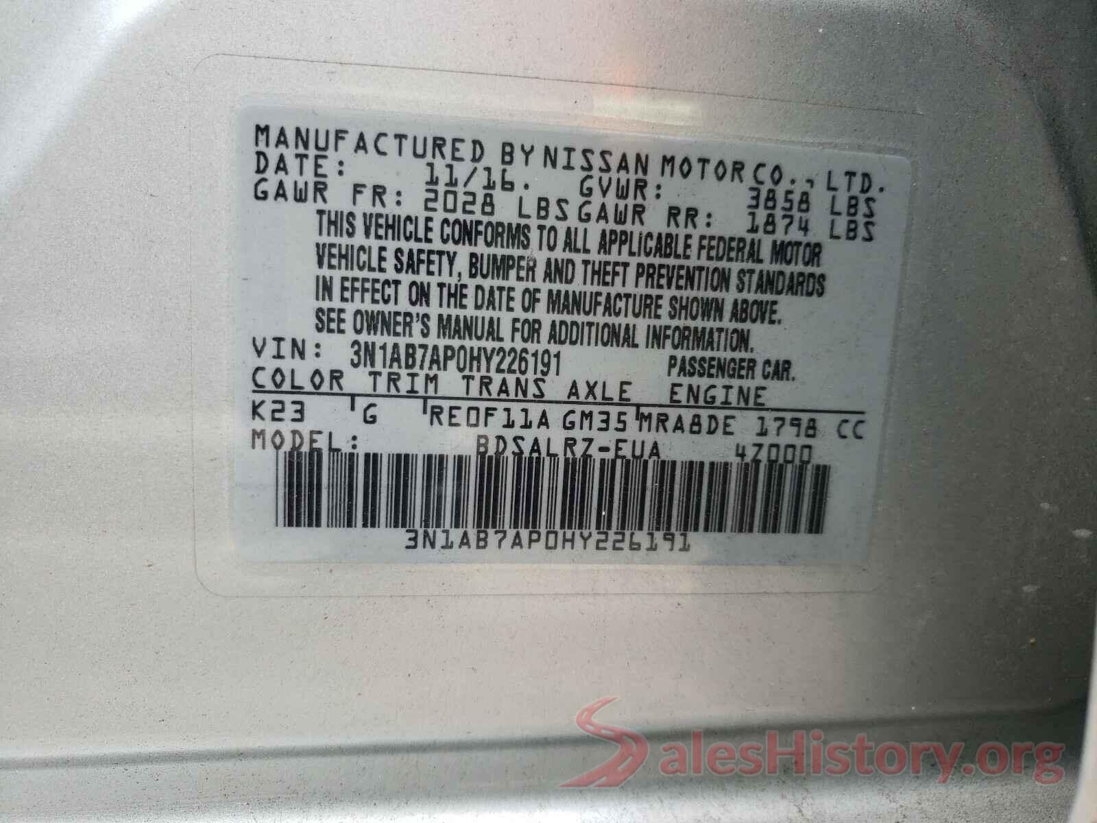 3N1AB7AP0HY226191 2017 NISSAN SENTRA