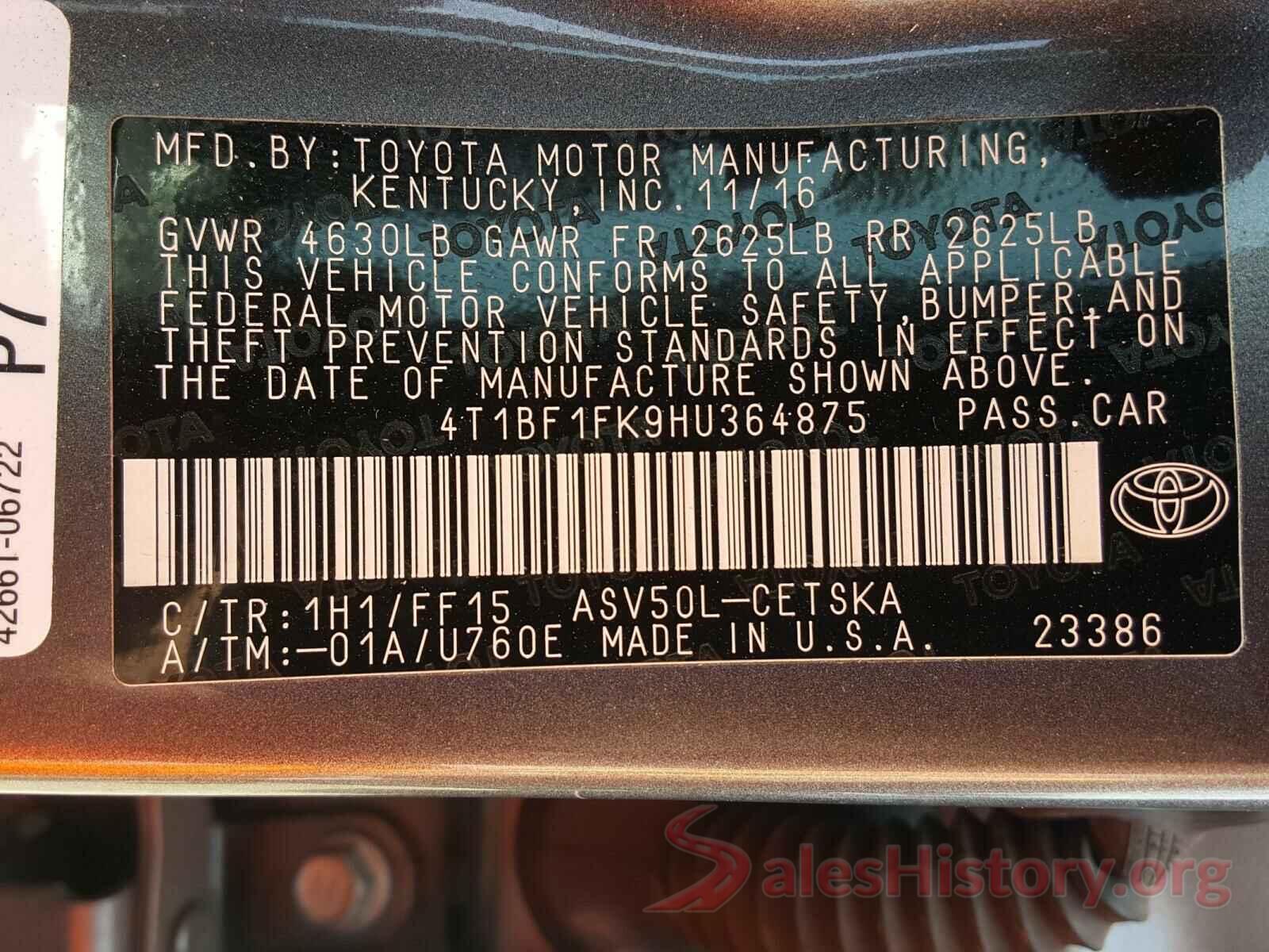 4T1BF1FK9HU364875 2017 TOYOTA CAMRY