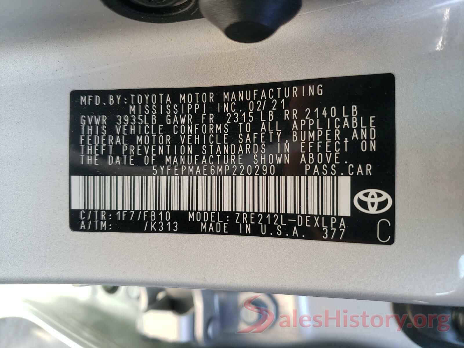 5YFEPMAE6MP220290 2021 TOYOTA COROLLA