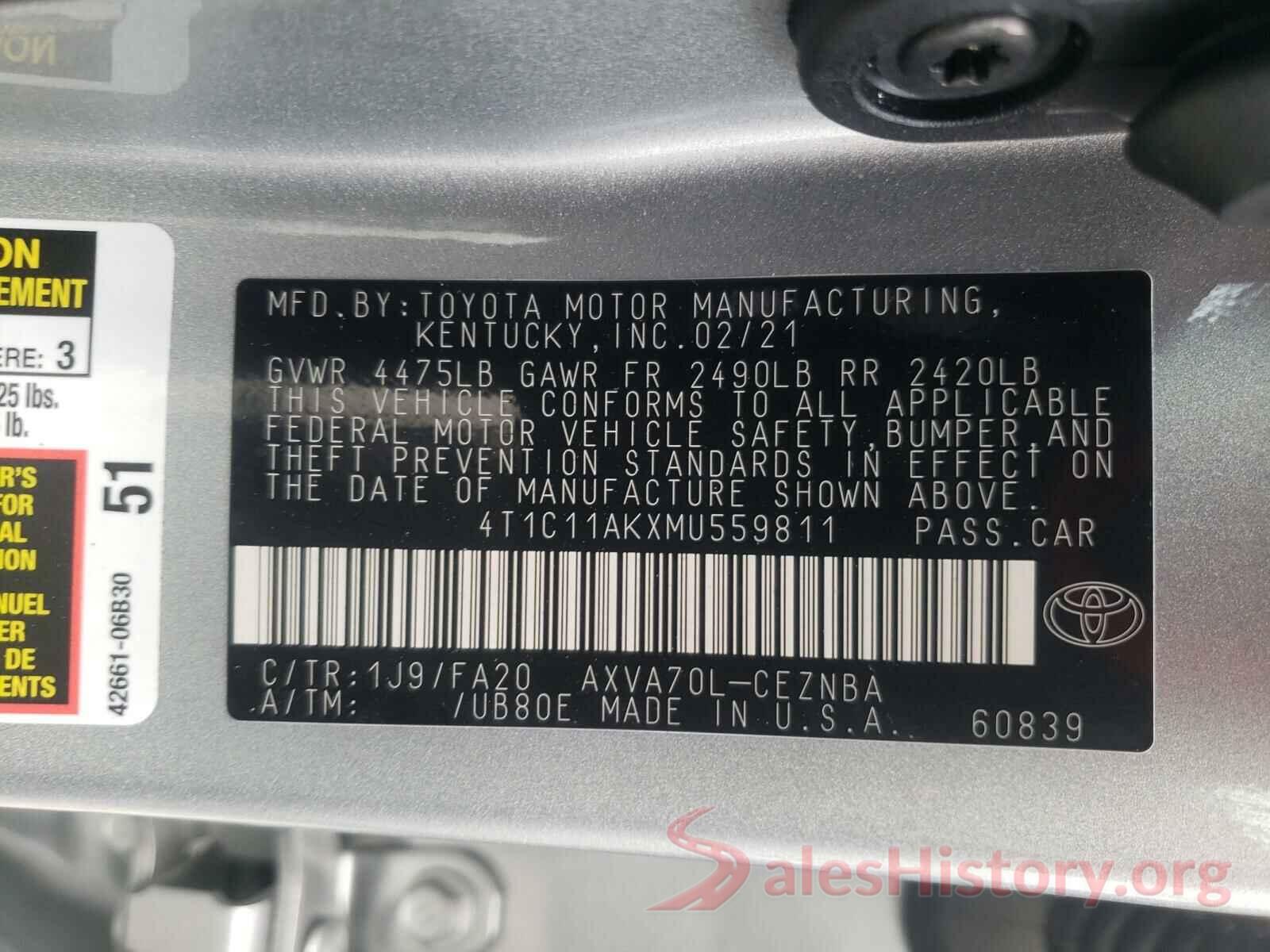 4T1C11AKXMU559811 2021 TOYOTA CAMRY