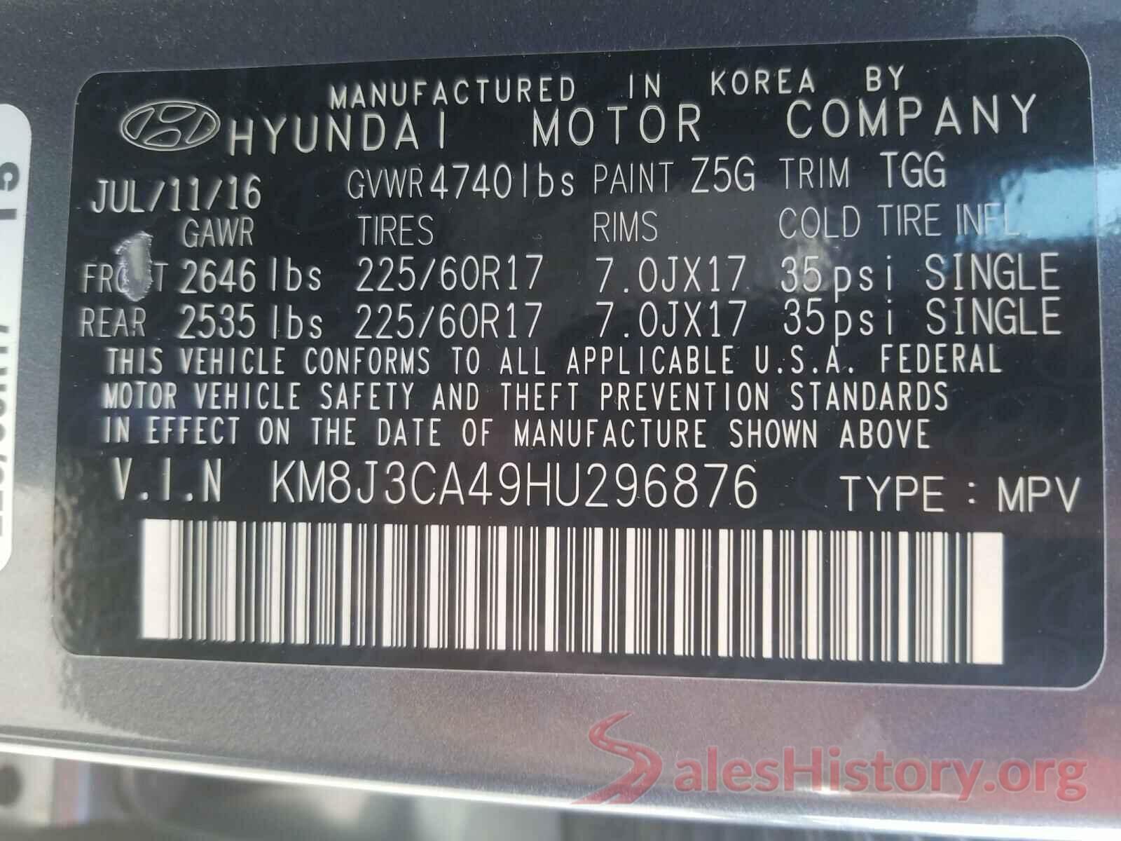 KM8J3CA49HU296876 2017 HYUNDAI TUCSON